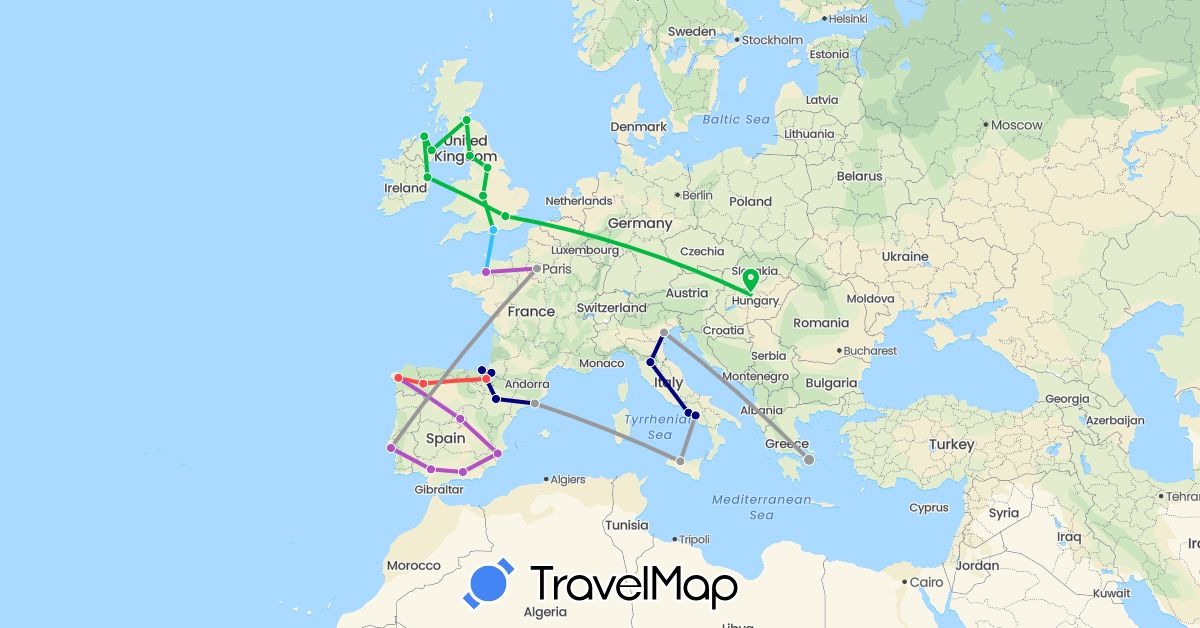 TravelMap itinerary: driving, bus, plane, train, hiking, boat in Spain, France, United Kingdom, Greece, Hungary, Ireland, Italy, Portugal (Europe)